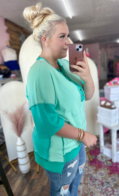 Kelly Green Split Hem Button Top