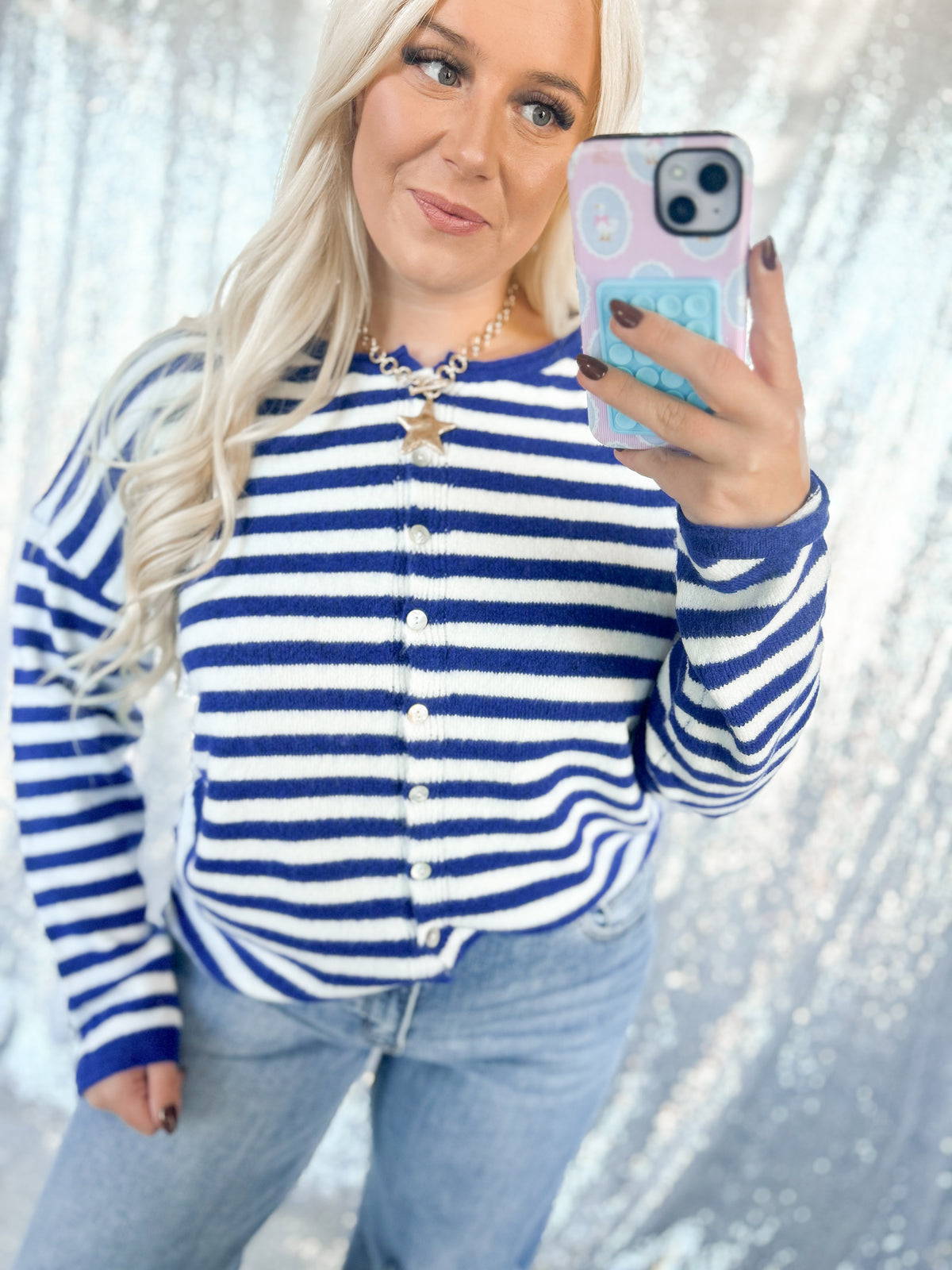 Royal Blue Striped Knit Cardigan