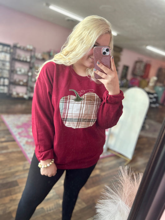 Burgundy Plaid Pumpkin Embroidered Sweatshirt