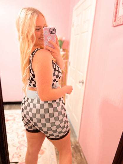 Black Checkered Biker Short Set