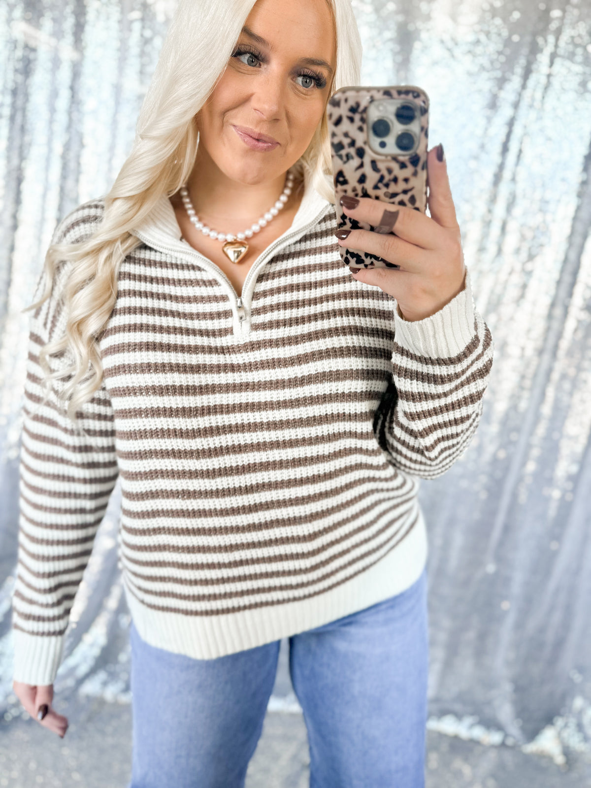 Brown Striped Knit 1/2 Zip