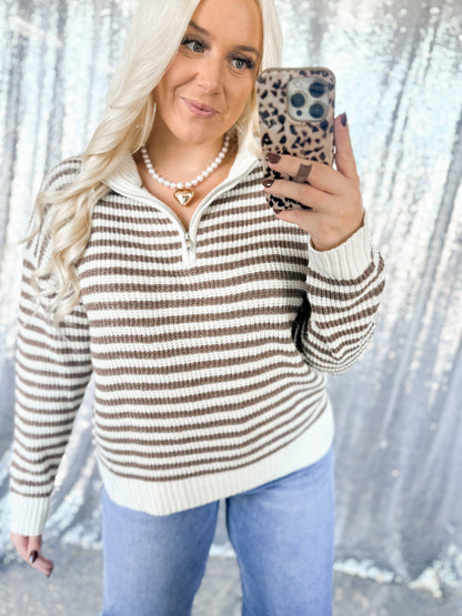 Brown Striped Knit 1/2 Zip