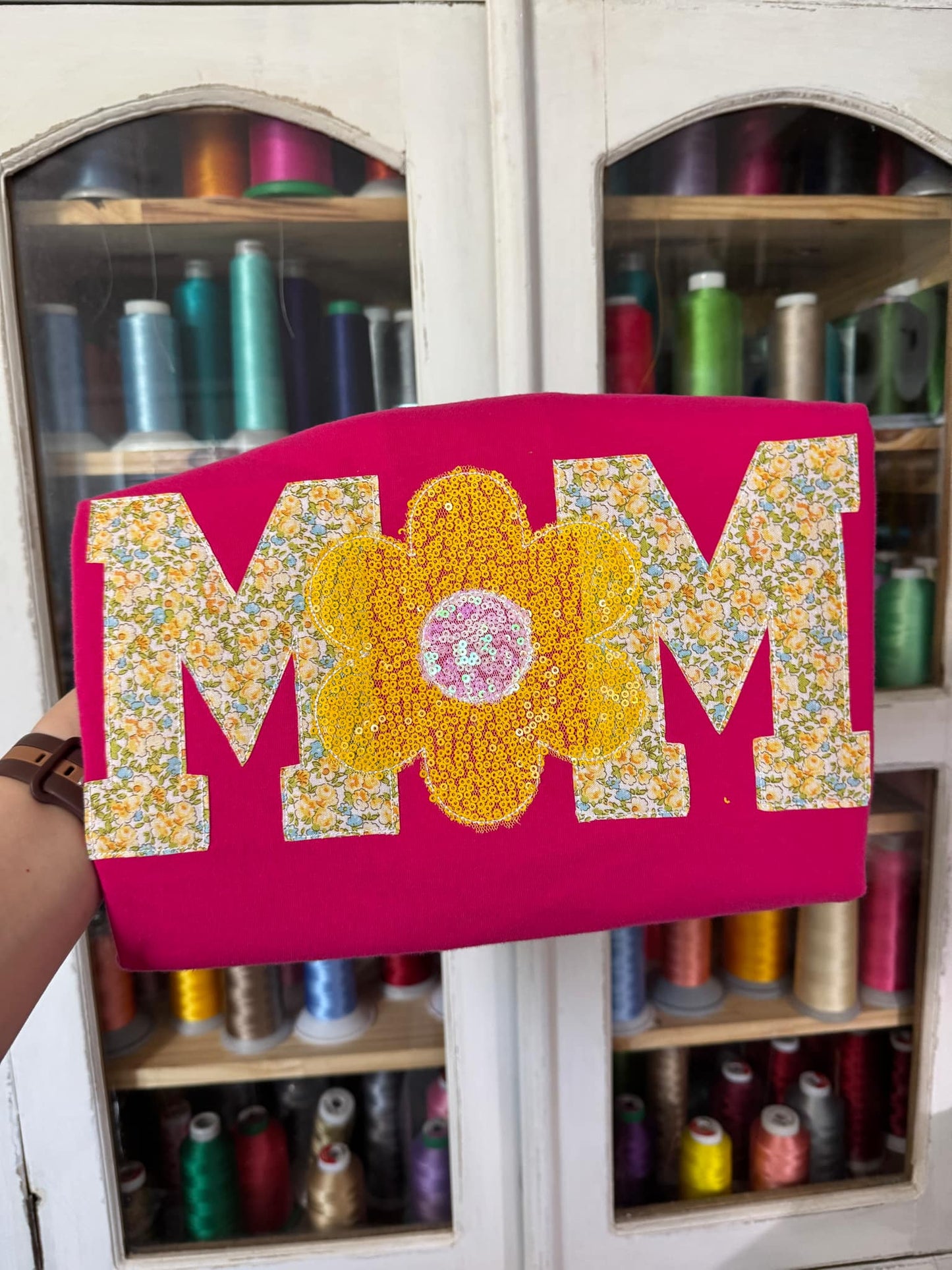 Pink Retro Floral MOM appliqué Tee