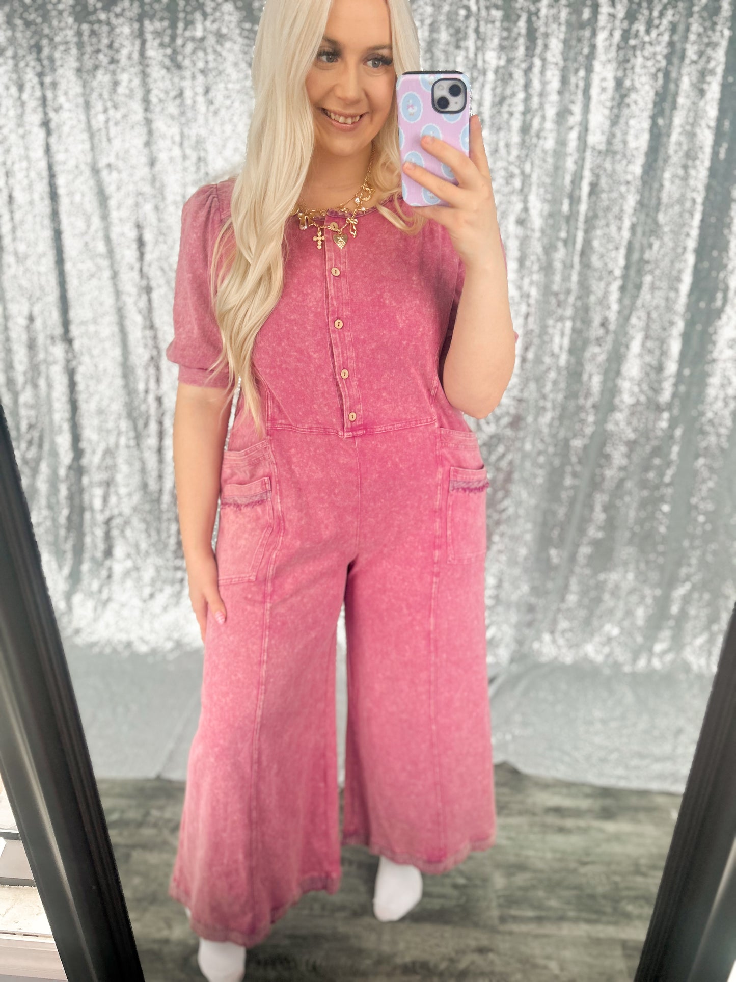 Rose Acid Wash Button Jumpsuit