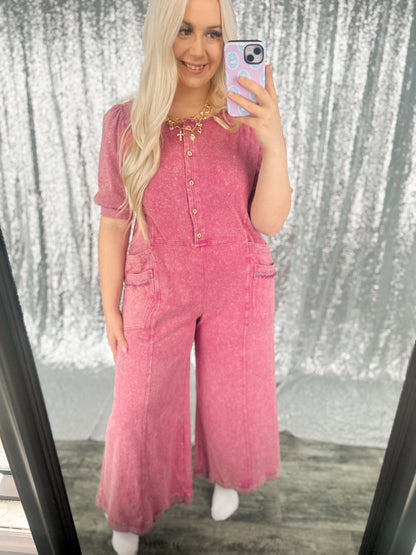 Rose Acid Wash Button Jumpsuit