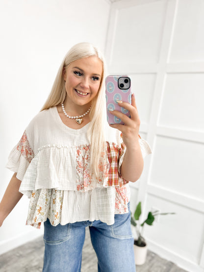 Blooming Patchwork Babydoll Blouse