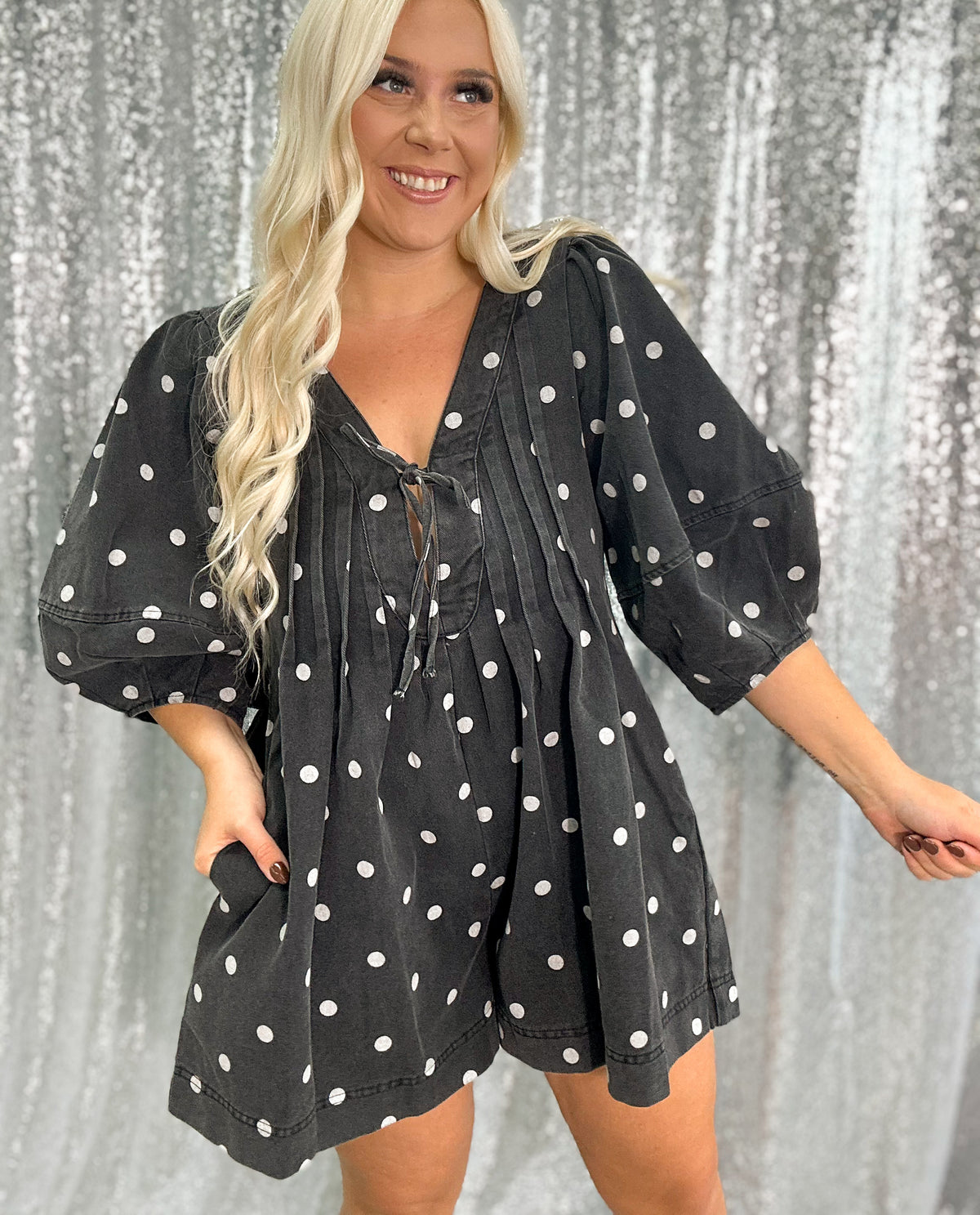 Black Polka Dot Denim Romper