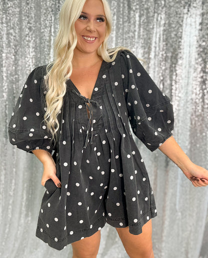 Black Polka Dot Denim Romper