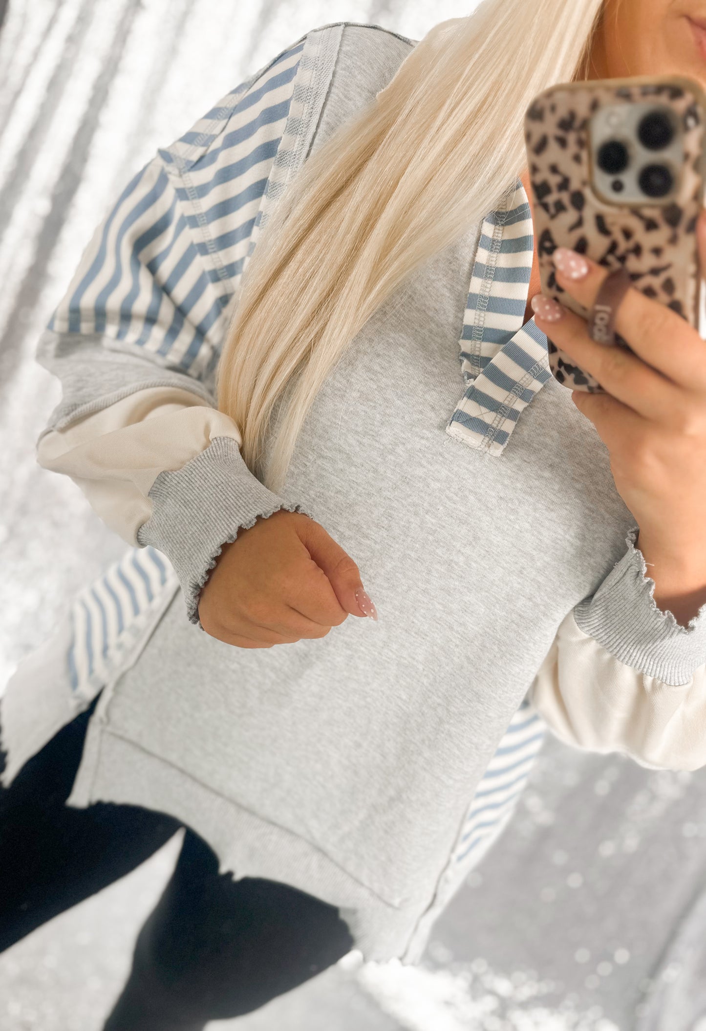 Oversized Heather & Blue Striped Colorblock Top