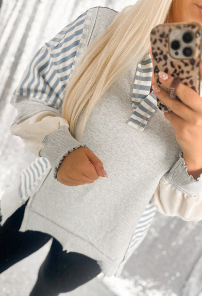 Oversized Heather & Blue Striped Colorblock Top