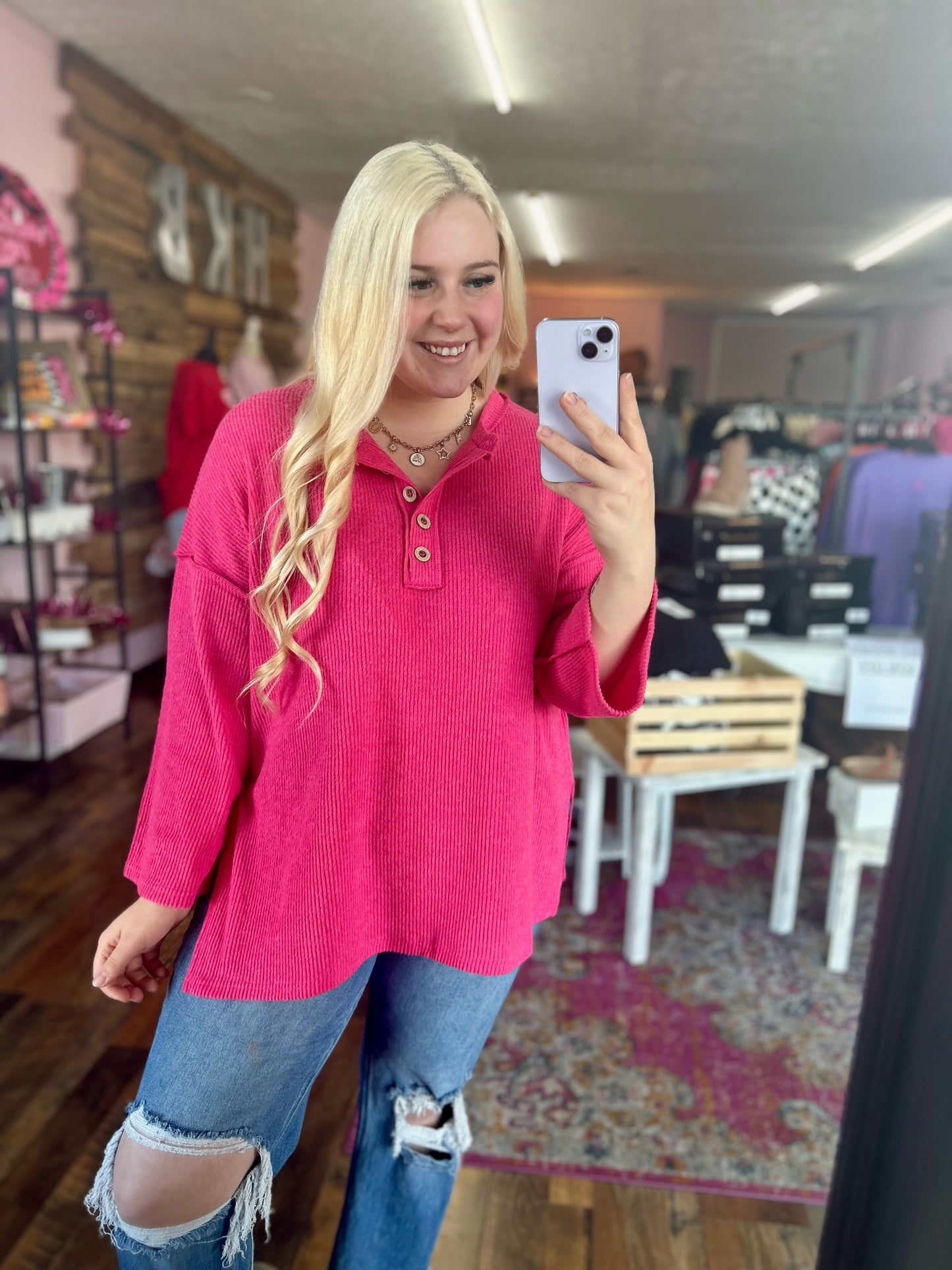 Split Side-Hem Button Top (Hot Pink)