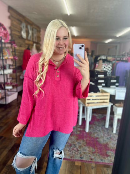 Split Side-Hem Button Top (Hot Pink)