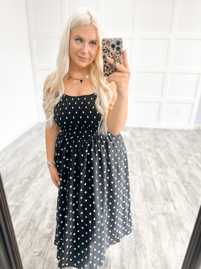 Black Smocked Polka Dot Strap Maxi Dress