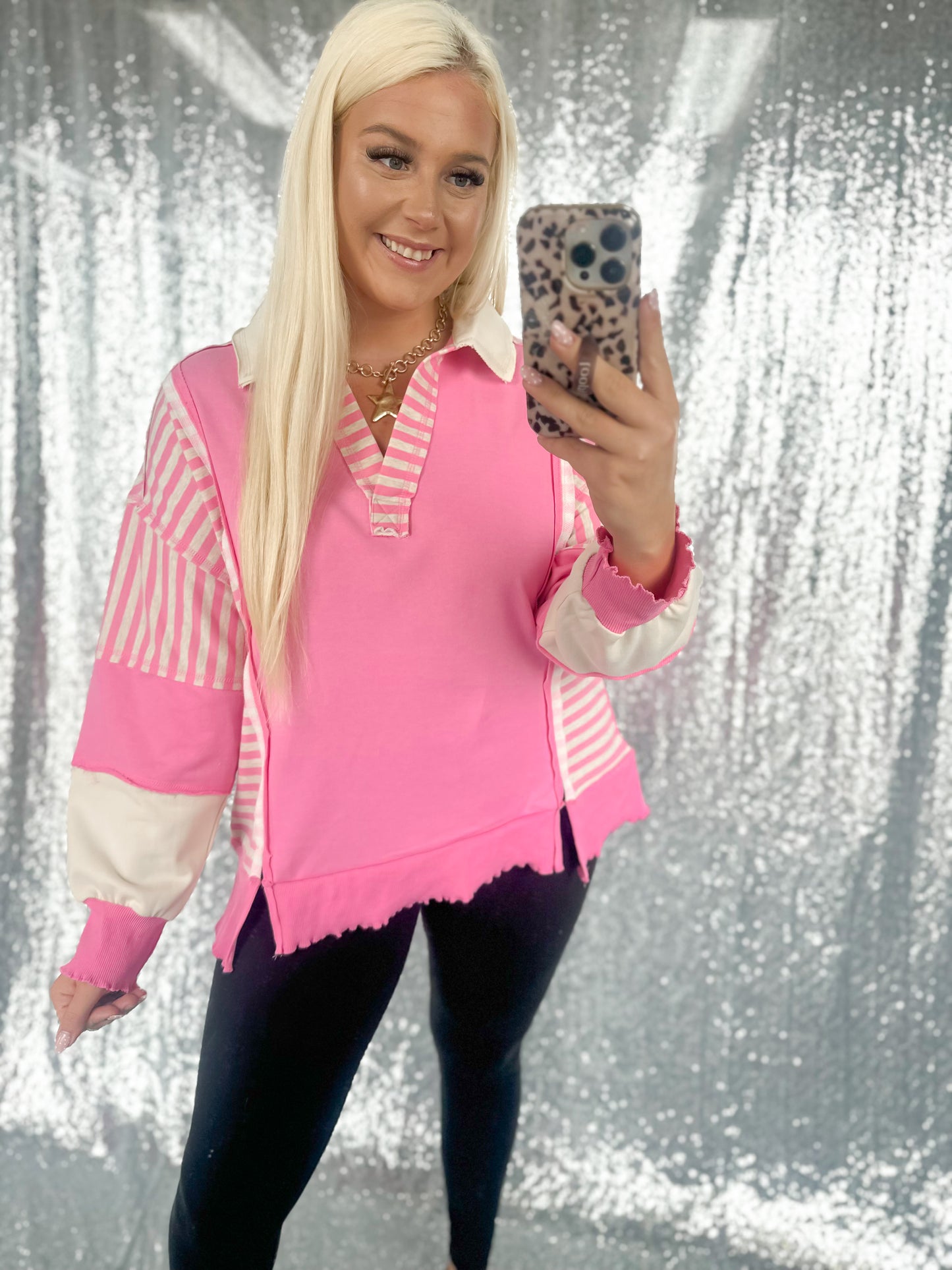 Oversized Pink Striped Colorblock Top