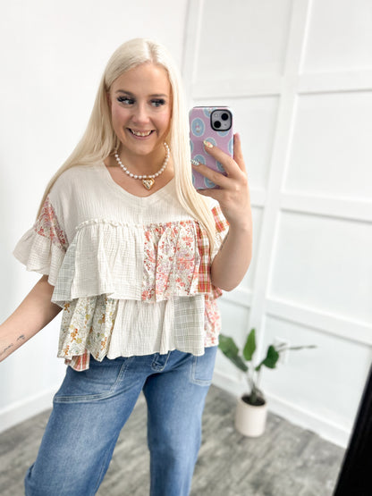 Blooming Patchwork Babydoll Blouse