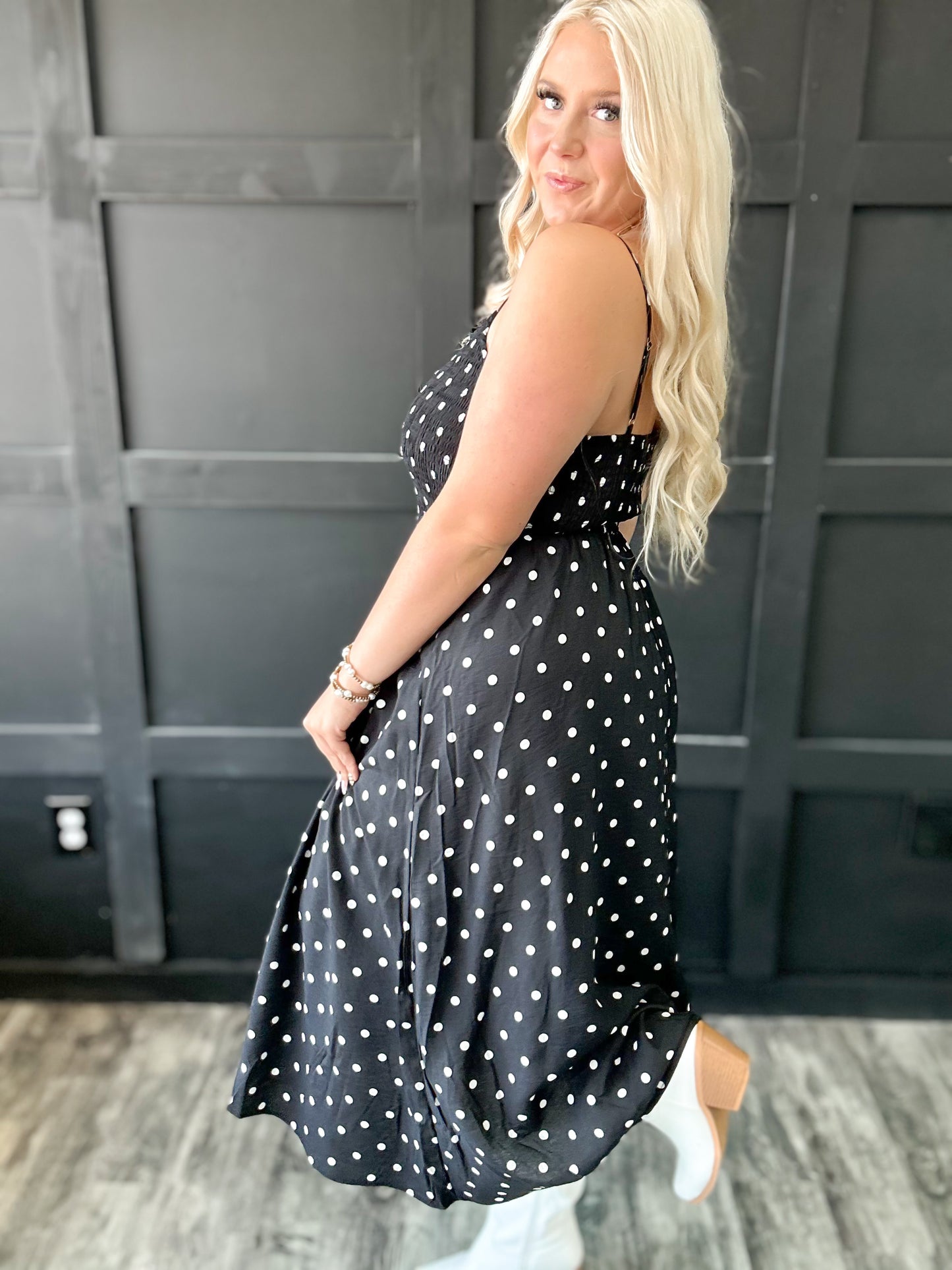 Black Smocked Polka Dot Strap Maxi Dress