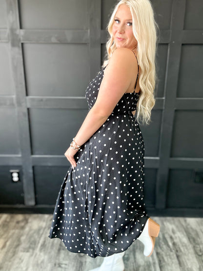 Black Smocked Polka Dot Strap Maxi Dress