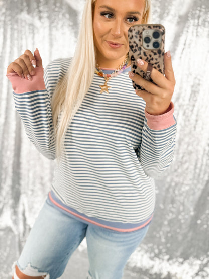 Blue & Pink Raw Hem Striped Color Block Crewneck