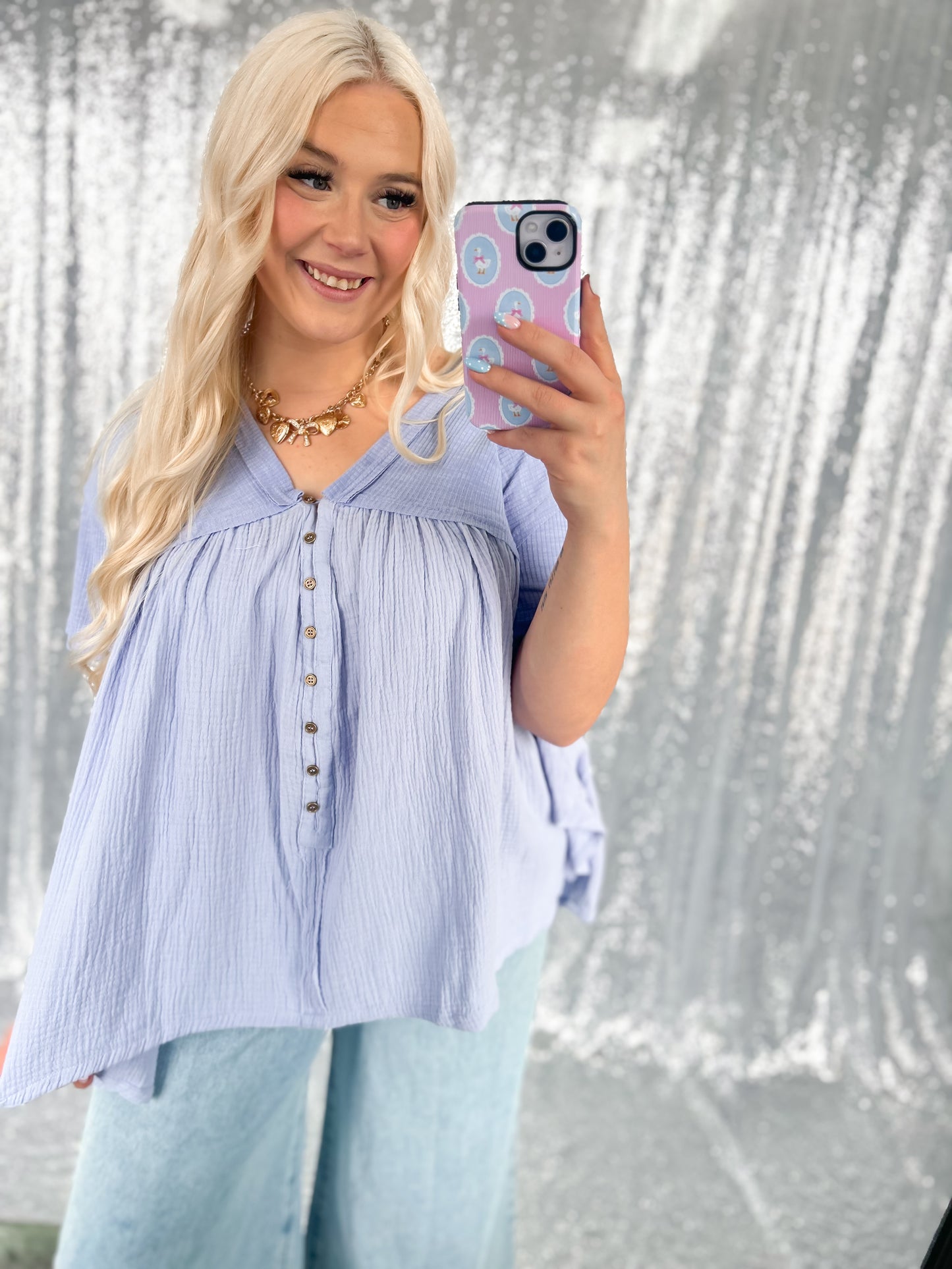 Blue Button Babydoll Top