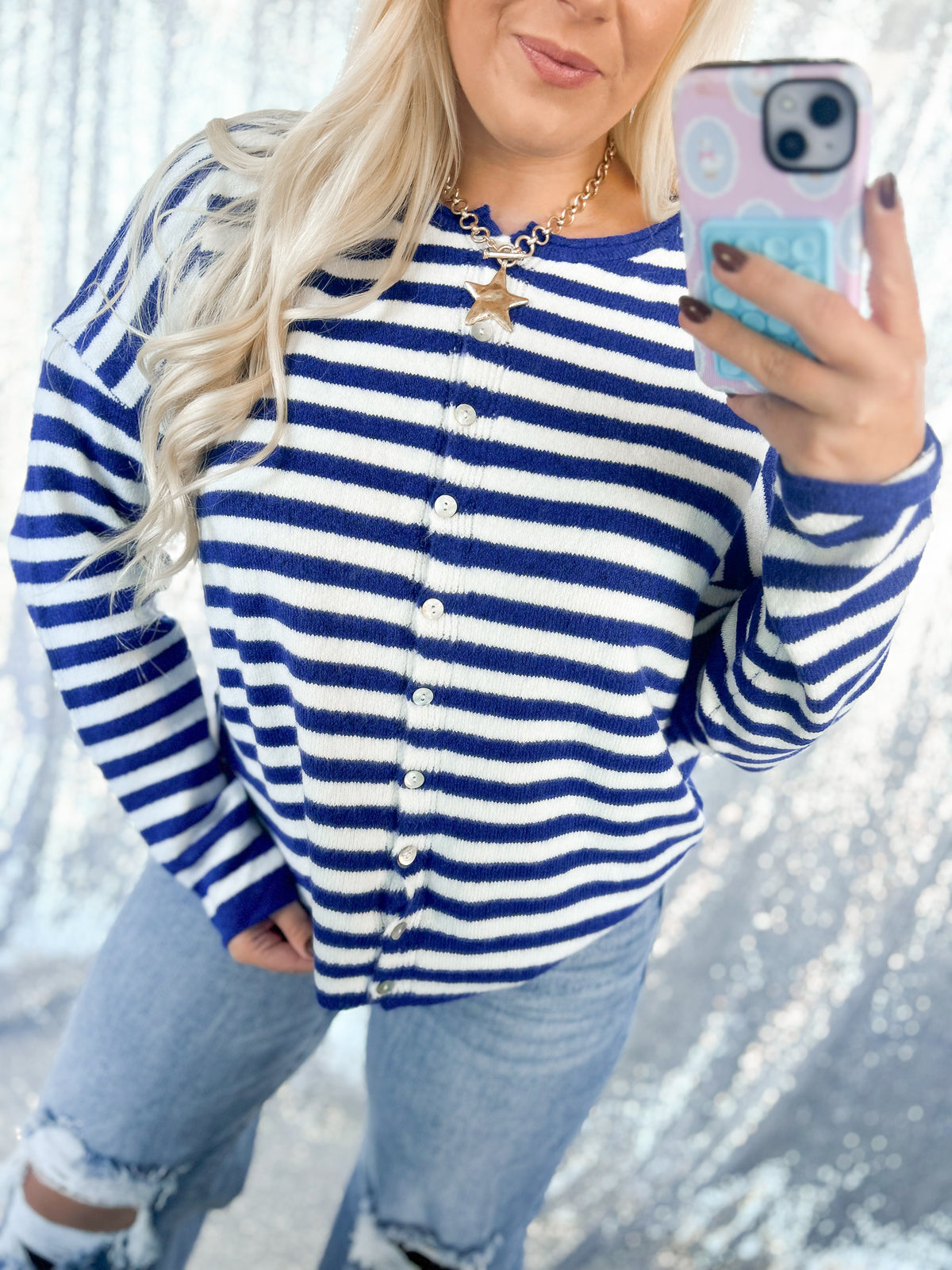 Royal Blue Striped Knit Cardigan