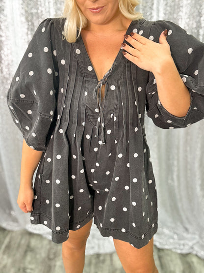 Black Polka Dot Denim Romper