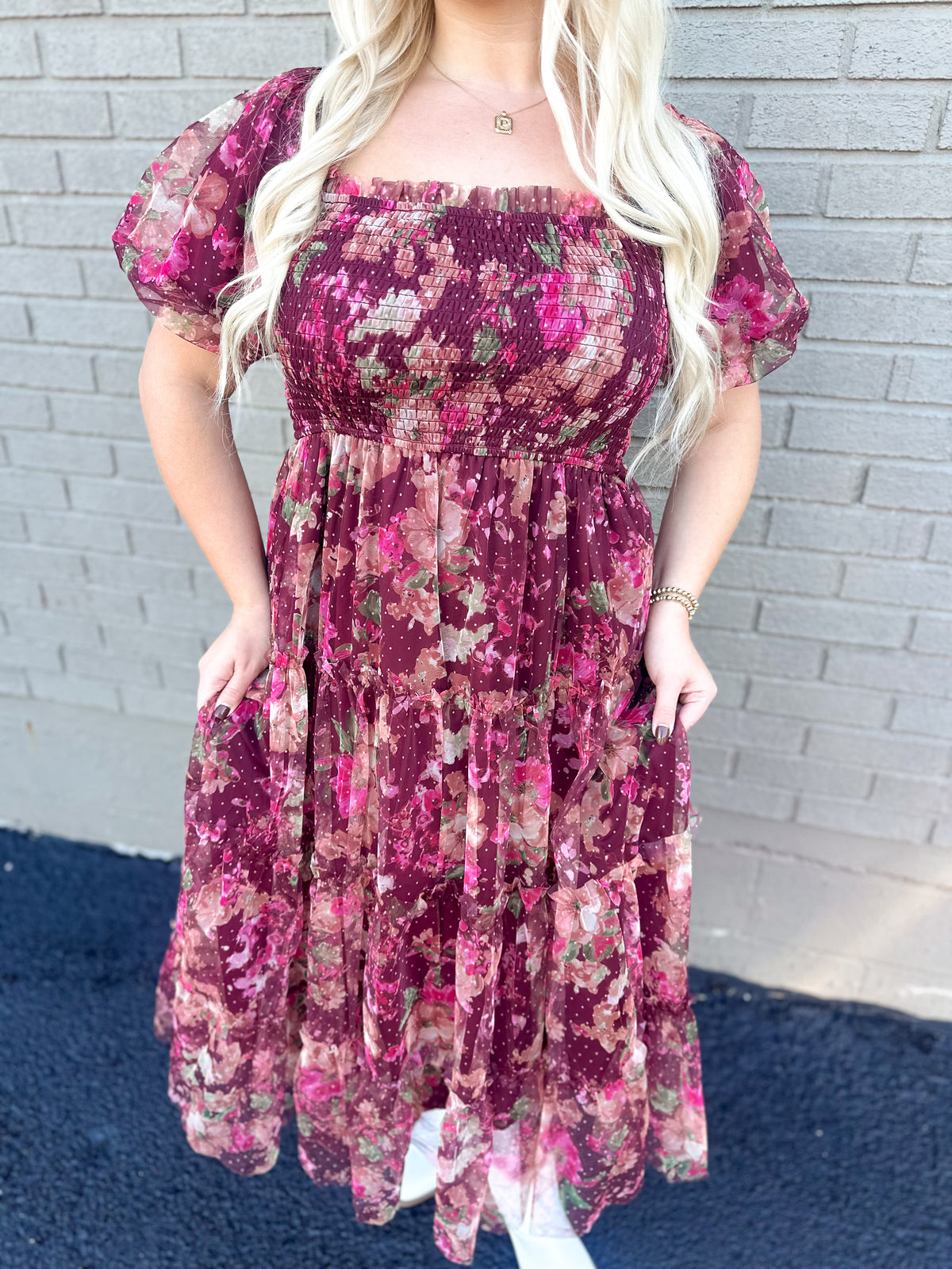 Burgundy Floral Tulle Maxi Dress