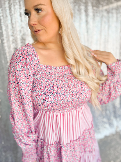 Floral Pin Striped Maxi Dress