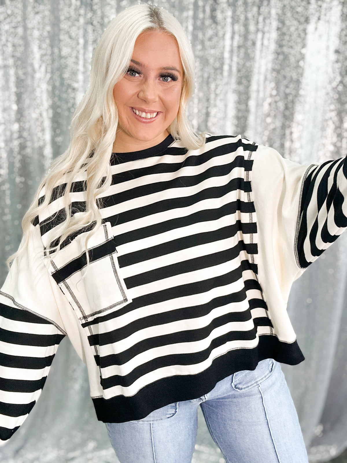Black Chunky Striped Oversized Pocket Crewneck