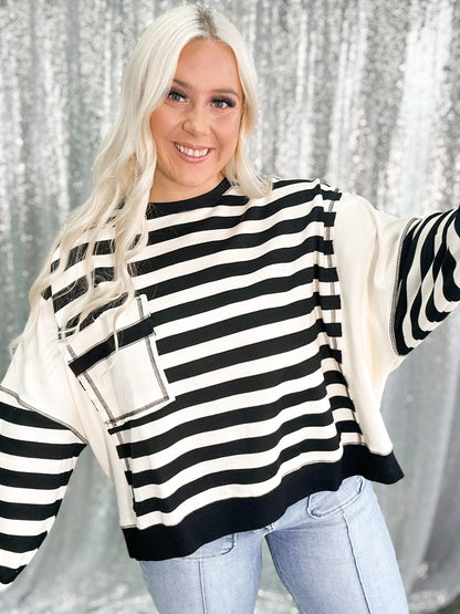 Black Chunky Striped Oversized Pocket Crewneck