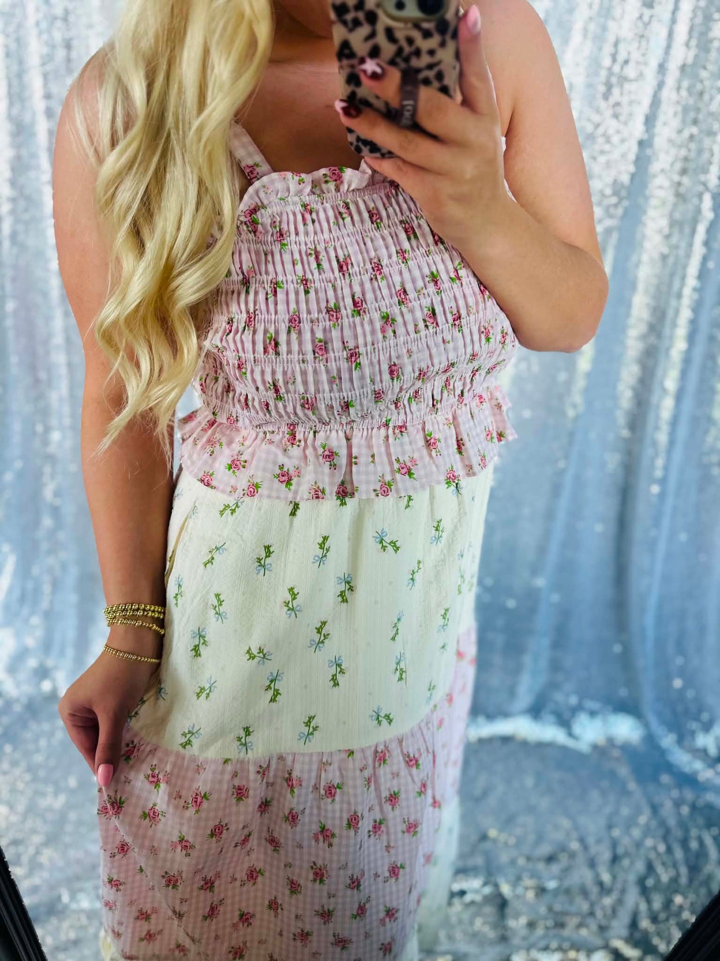 Rose Bloom Gingham Patchwork Maxi Dress