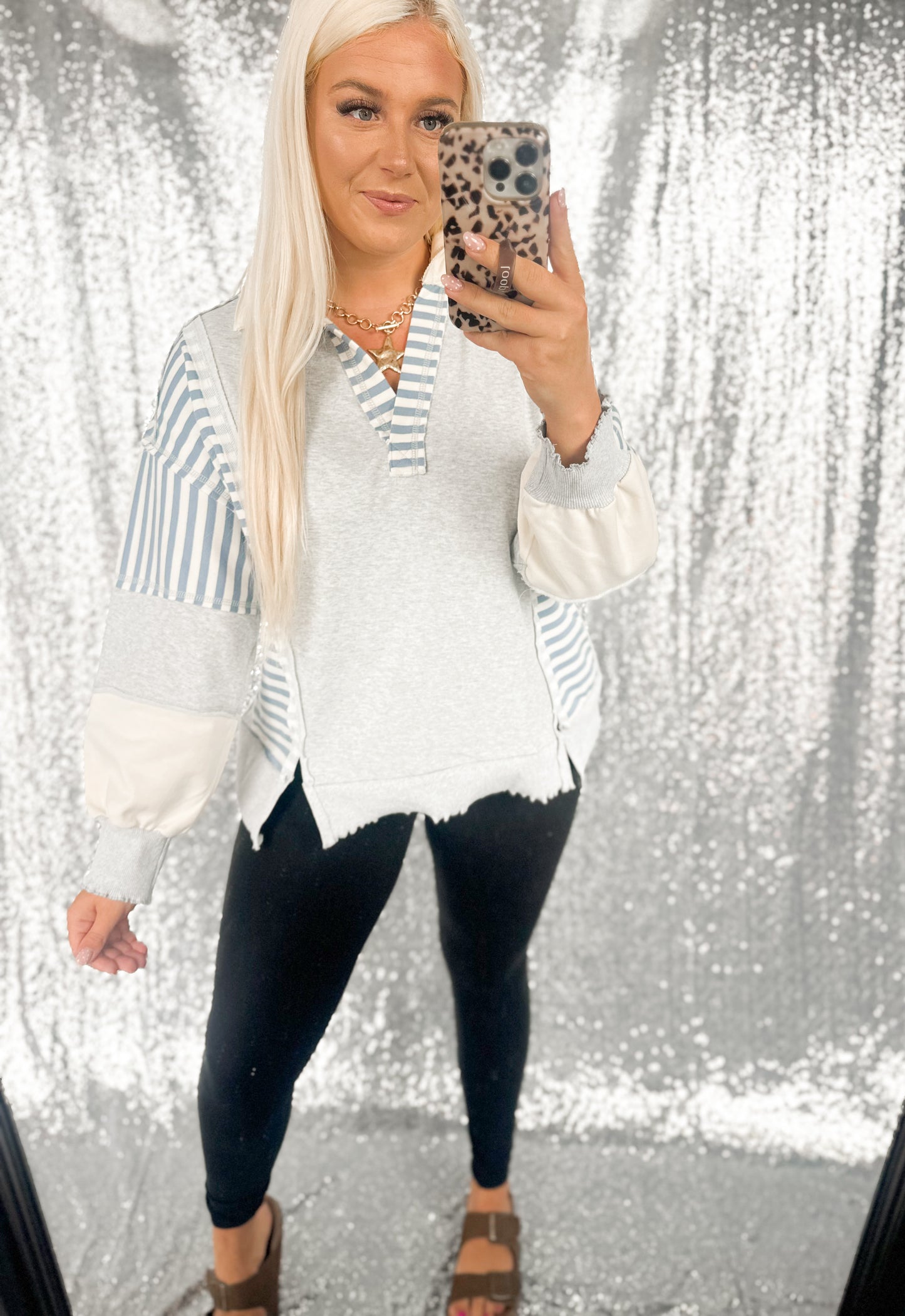 Oversized Heather & Blue Striped Colorblock Top