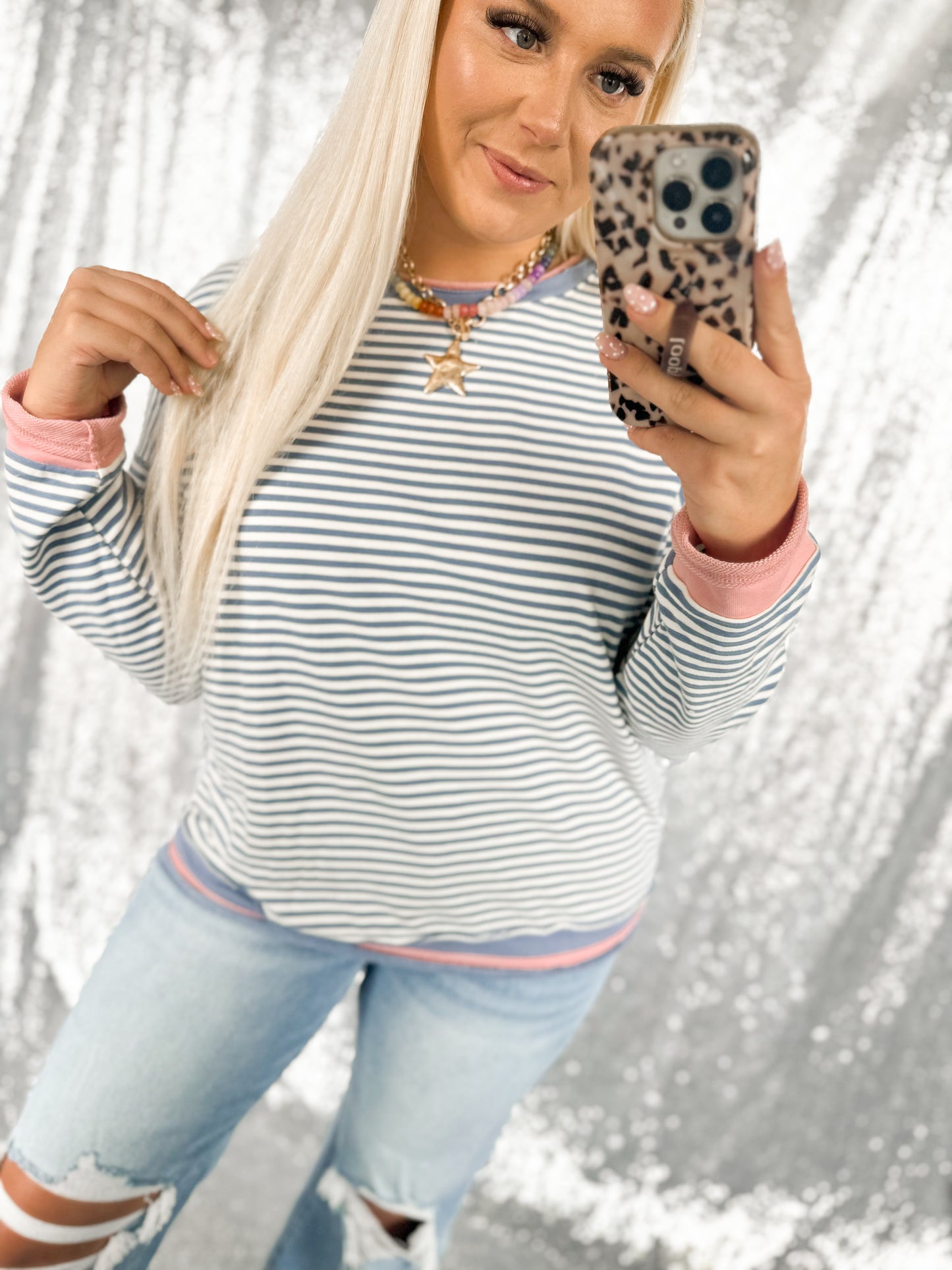 Blue & Pink Raw Hem Striped Color Block Crewneck