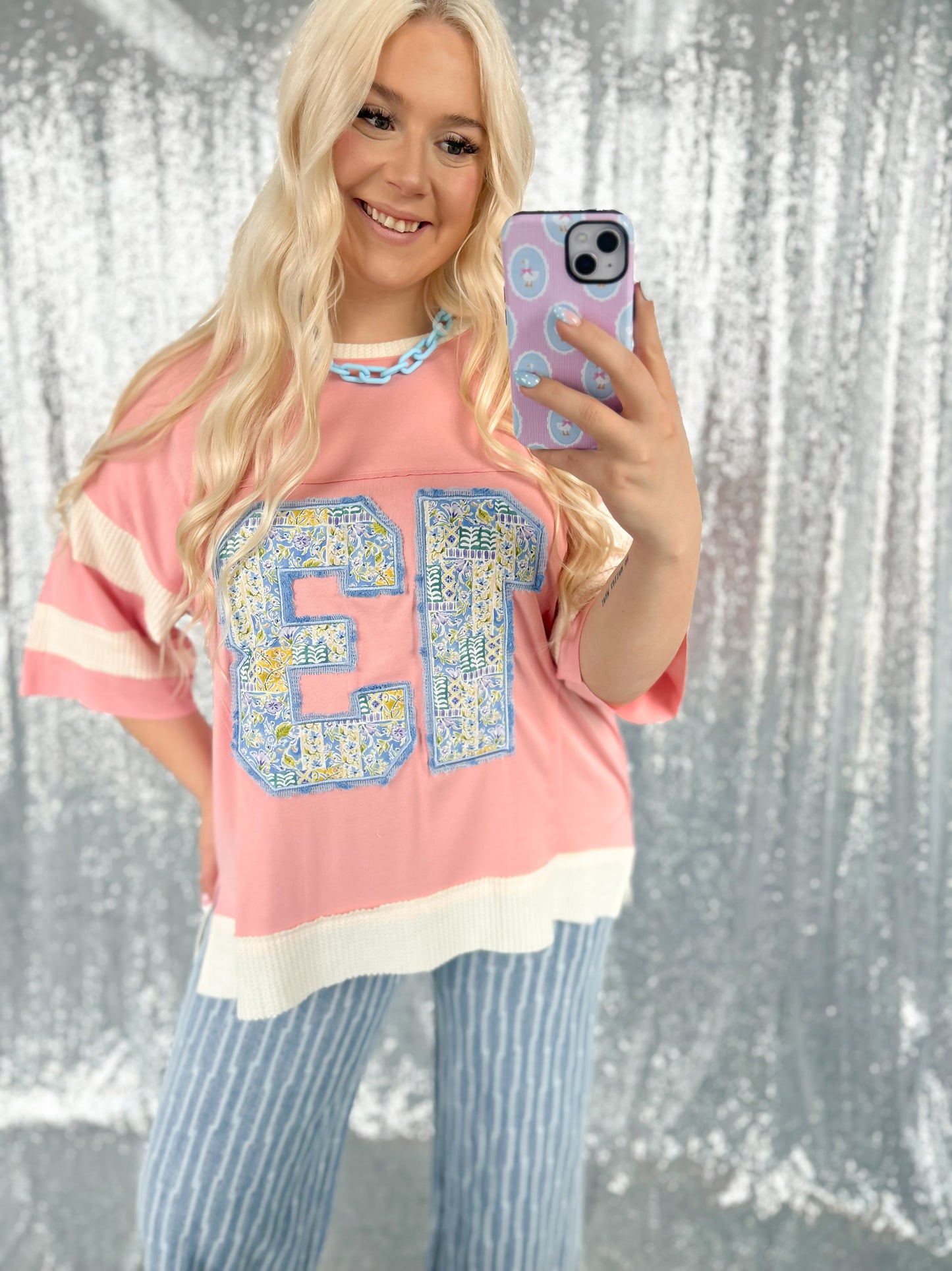 Pink Varsity Patchwork Top