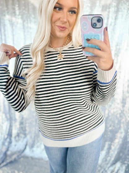 Black & Blue Contrast Striped Knit Top
