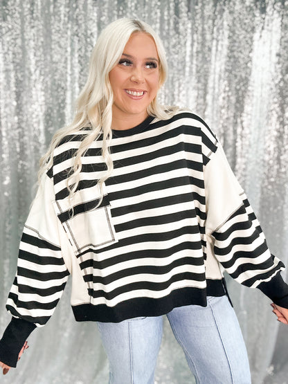 Black Chunky Striped Oversized Pocket Crewneck