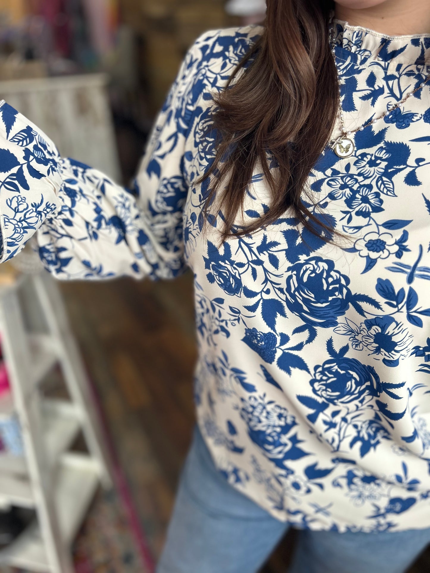 Blue Floral Mockneck Blouse