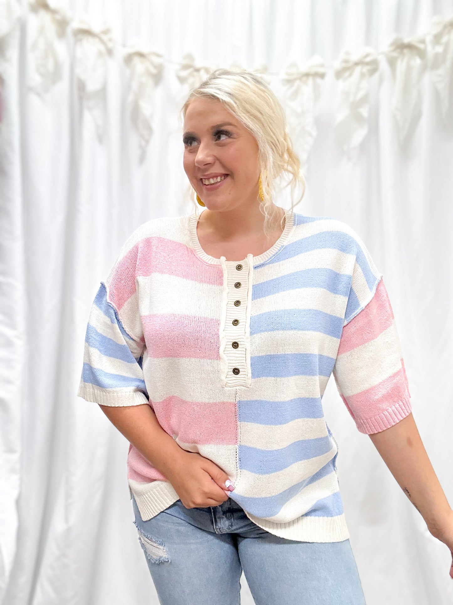 Blue & Pink Striped Colorblock Top