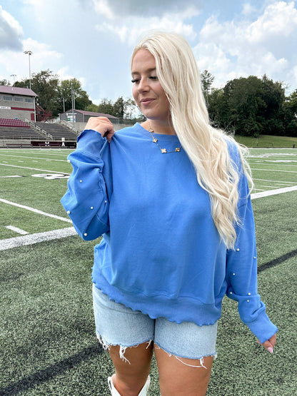 Royal Blue Pearl Ruffle Trim Oversized Sweatshirt