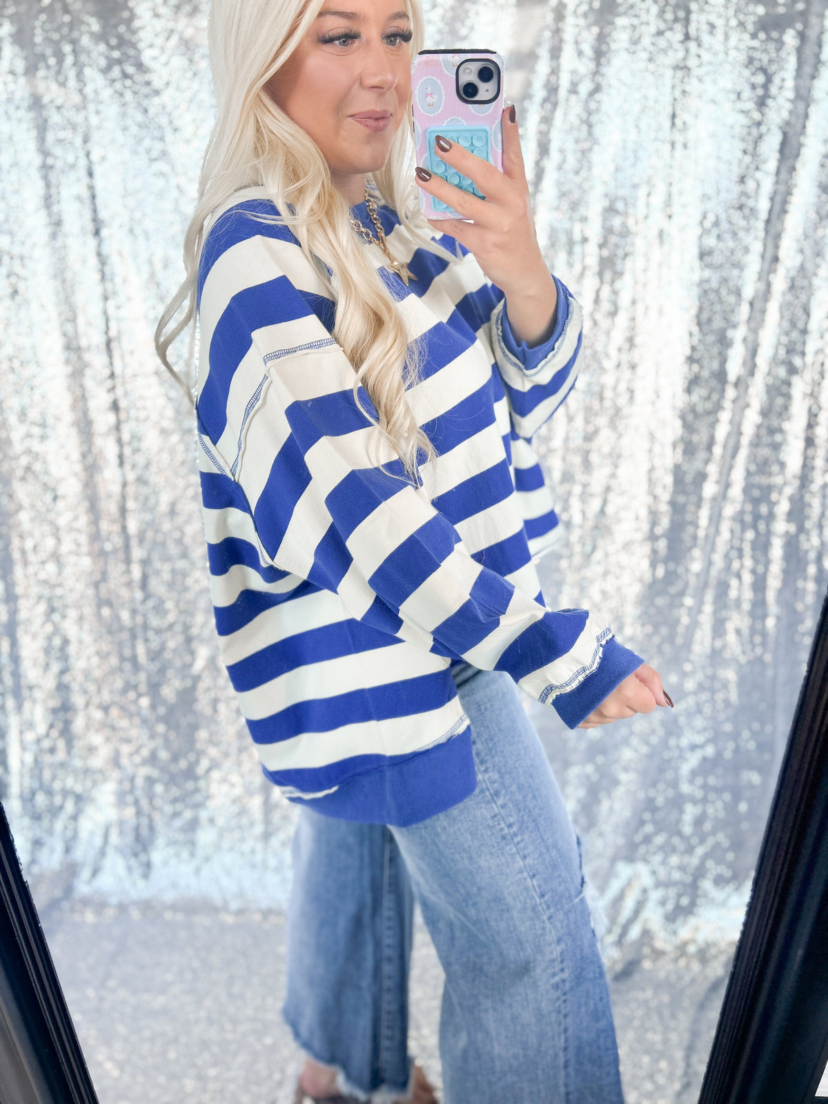 Blue Chunky Striped Oversized Crewneck