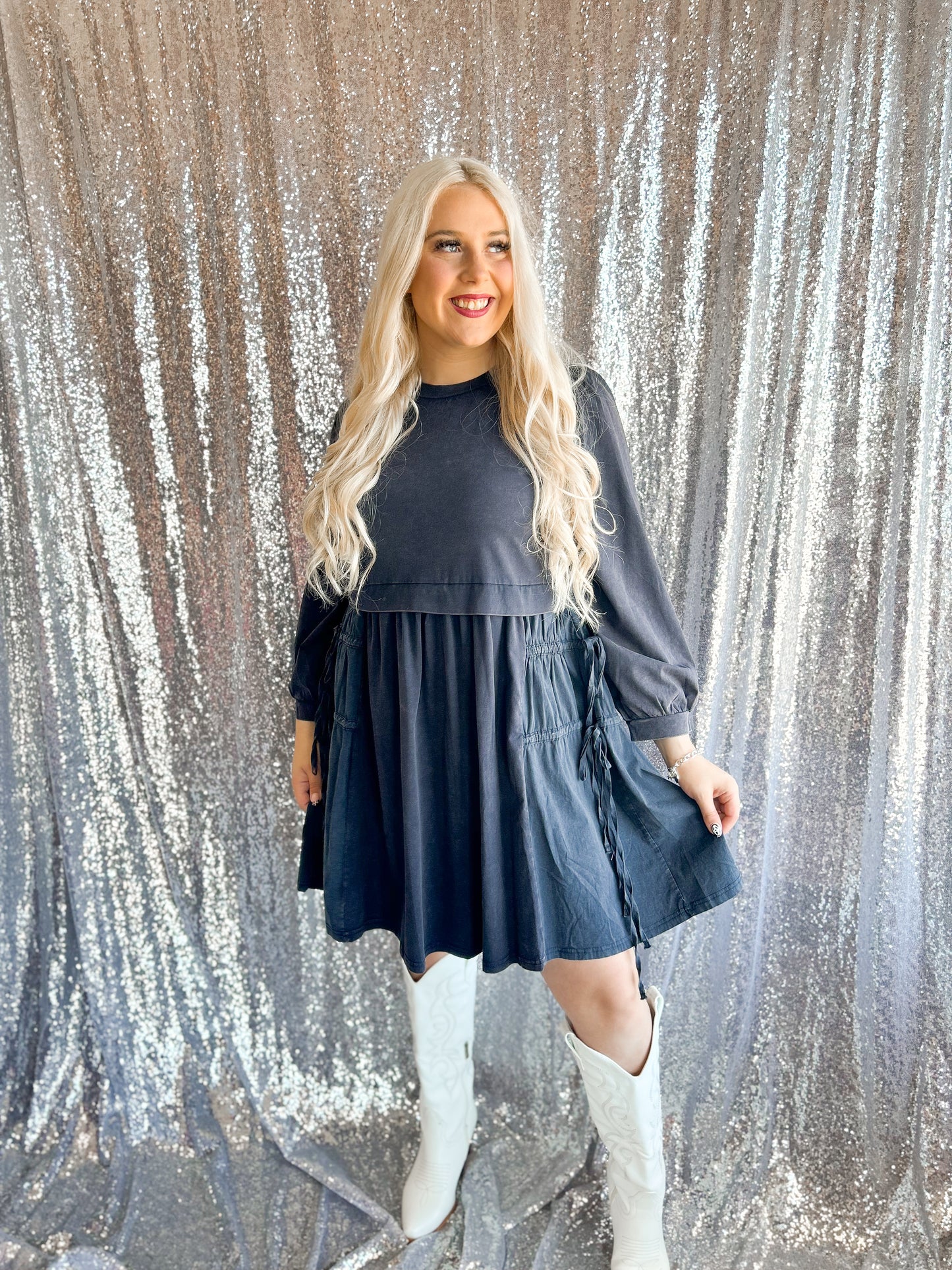 Navy Mineral Wash Bow Dress
