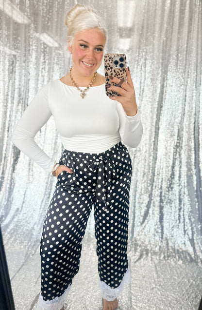 Black Polka Dot Satin Lace Pants