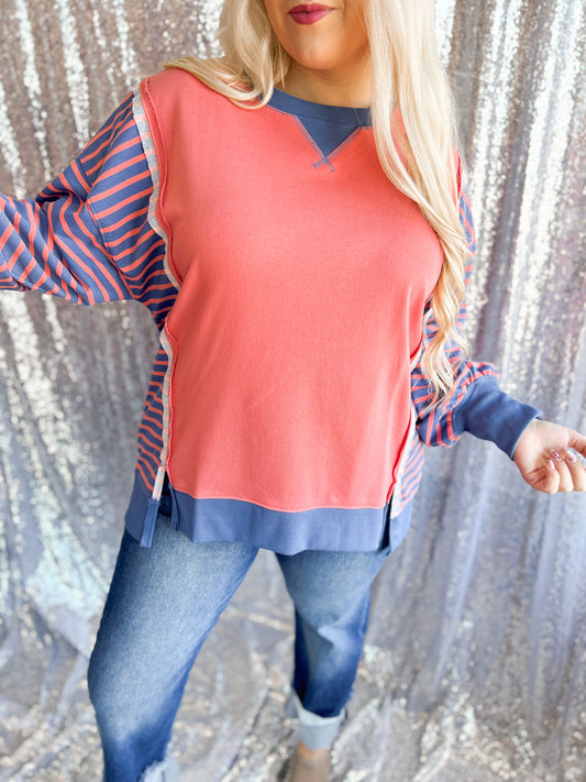 Coral & Navy Striped Colorblock Pullover