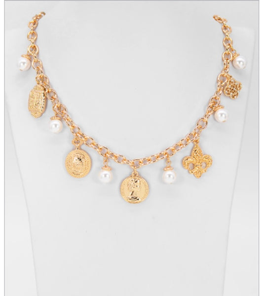 Gold Pearl Charm Necklace