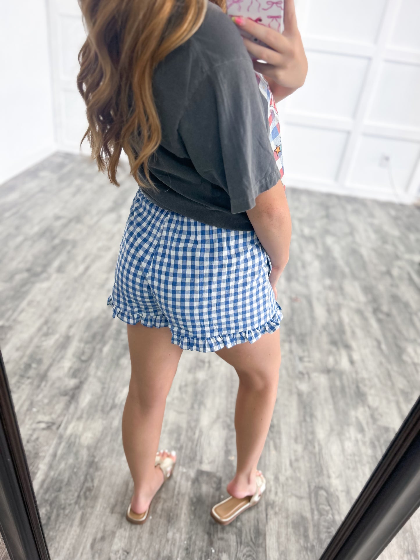 Blue & White Gingham Ruffle Shorts