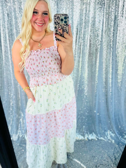 Rose Bloom Gingham Patchwork Maxi Dress