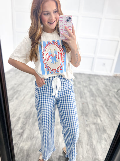 Blue & White Gingham Ruffle Pants