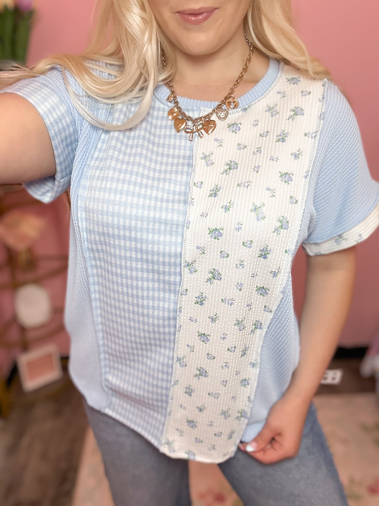 Blue Gingham Patchwork Top