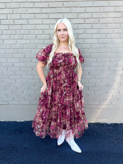 Burgundy Floral Tulle Maxi Dress