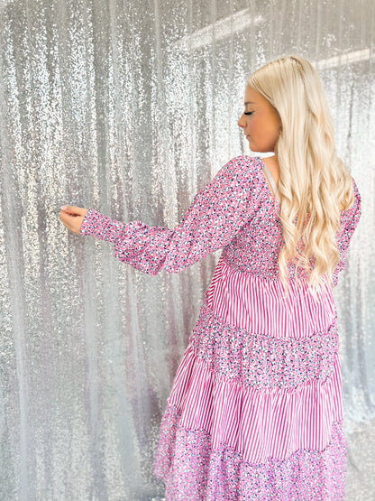 Floral Pin Striped Maxi Dress