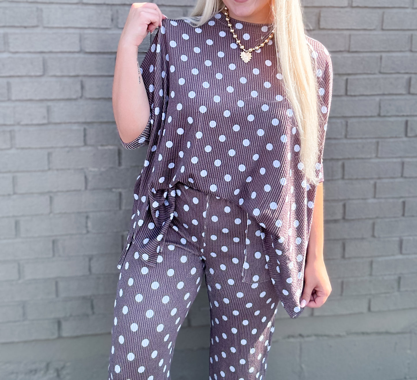 Mocha & Blue Ribbed Polka Dot Ruffle {SET}